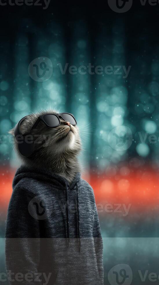 Cool cat in a hoodie with sunglasses enjoys the music vibe in a vibrant urban setting photo