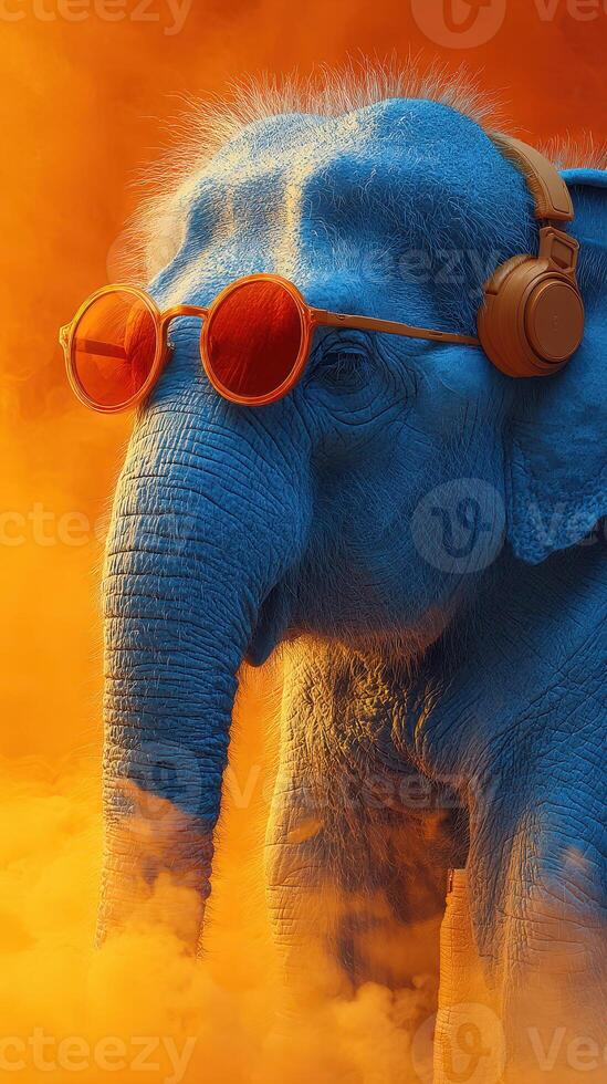 Colorful elephant with headphones and sunglasses against an orange smoky background during a surreal artistic expression photo