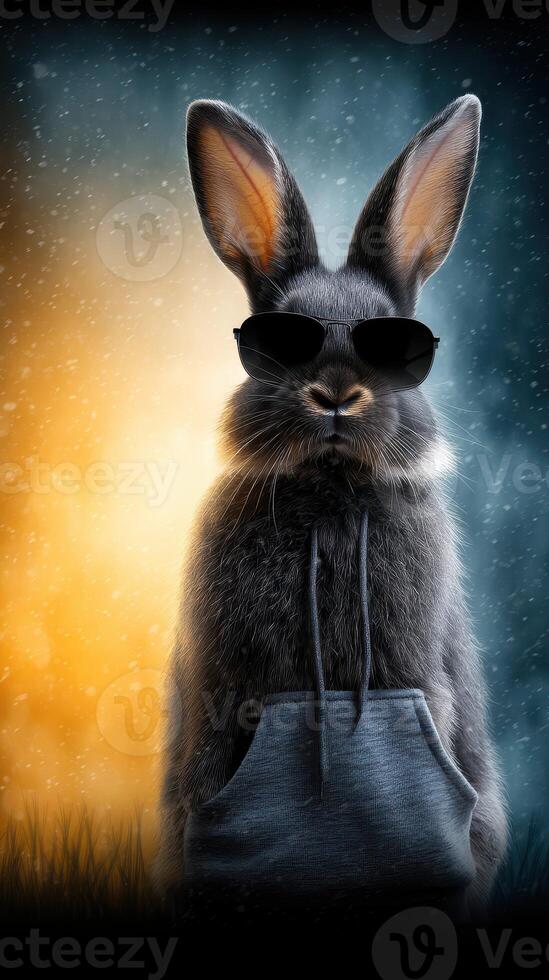 Cool rabbit wearing sunglasses and a hoodie poses confidently against a vibrant backdrop photo