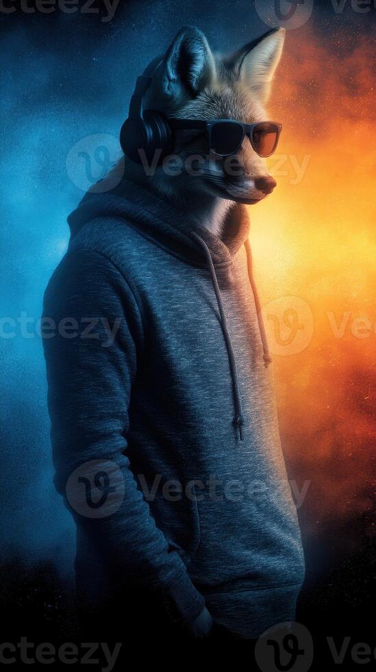 Stylish anthropomorphic fox wearing headphones and sunglasses in a vibrant blue and orange backdrop photo