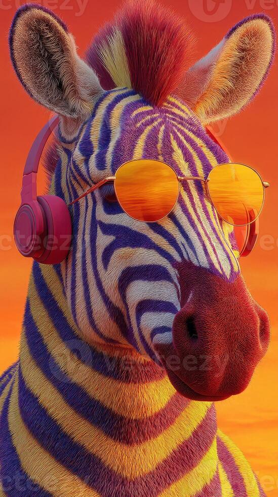 Colorful zebra wearing sunglasses and headphones against a vibrant sunset background photo