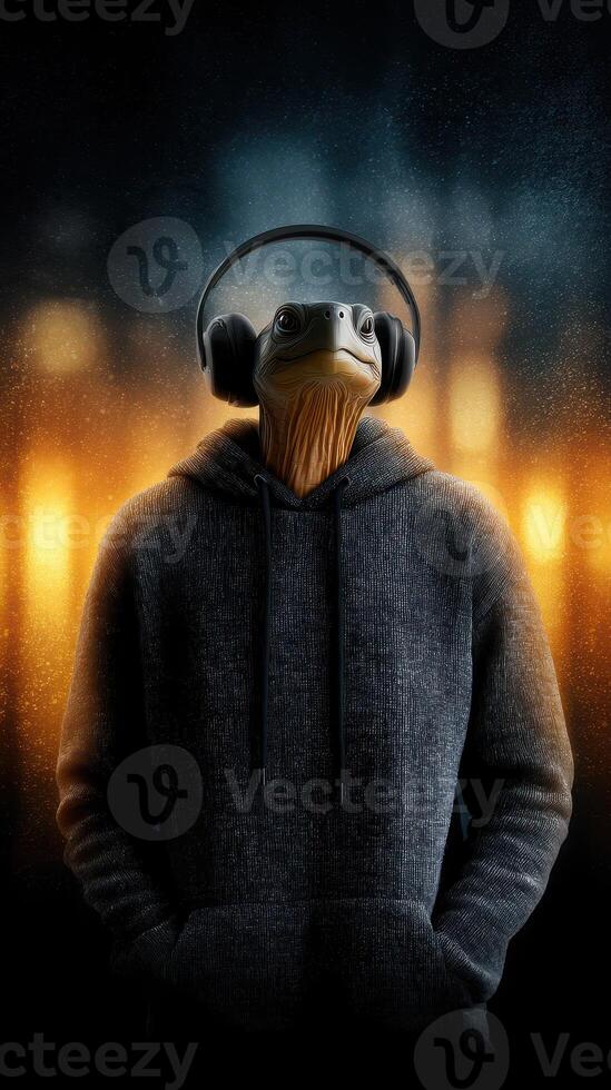 Lizard-headed figure wearing headphones stands in urban setting with colorful lights at night photo