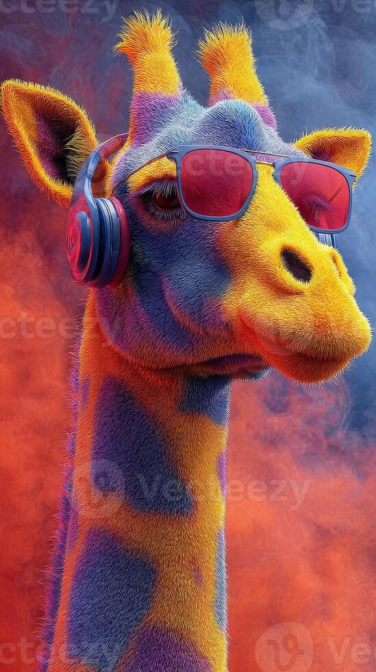 Colorful giraffe wearing sunglasses and headphones against a vibrant backdrop with smoke effects during a creative art event photo