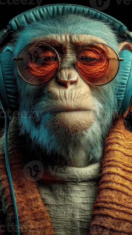 Cool monkey wearing headphones and sunglasses relaxes while listening to music in a dimly lit environment photo