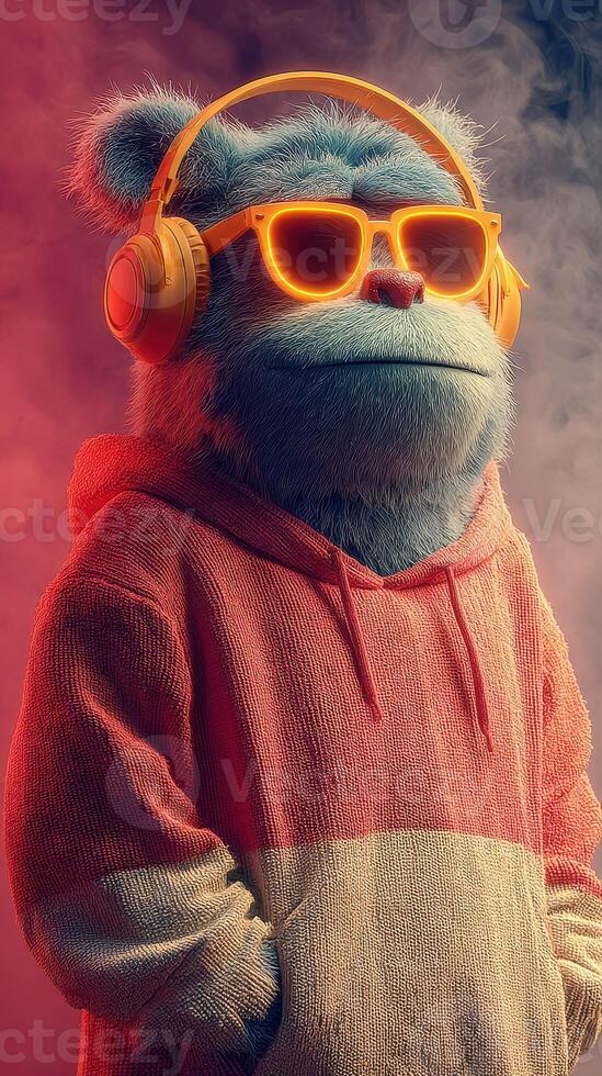 Colorful furry character in a vibrant hoodie enjoying music with headphones in a dynamic background photo