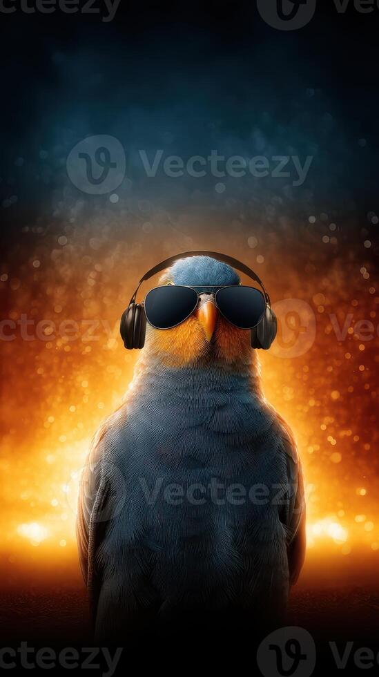Cool bird wears sunglasses and headphones in a vibrant setting with a glowing background photo