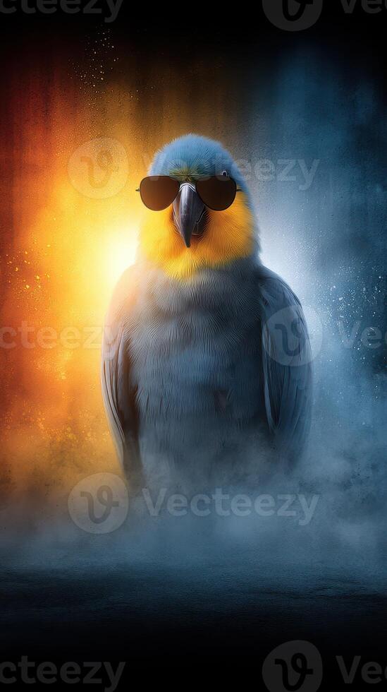 Colorful bird showcases sunglasses style against a vibrant background with smoke in a creative composition photo