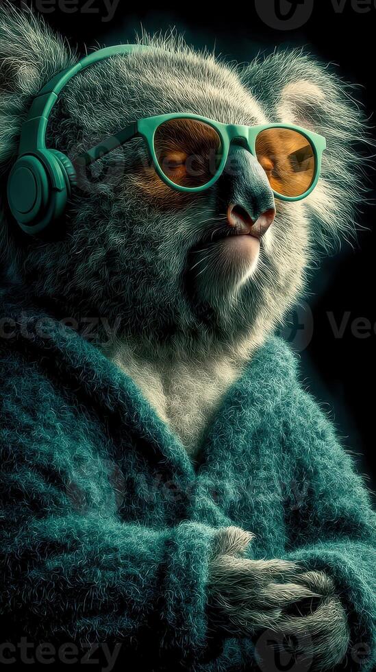 Cool koala wearing sunglasses and headphones relaxing in a vibrant environment with colorful lighting photo