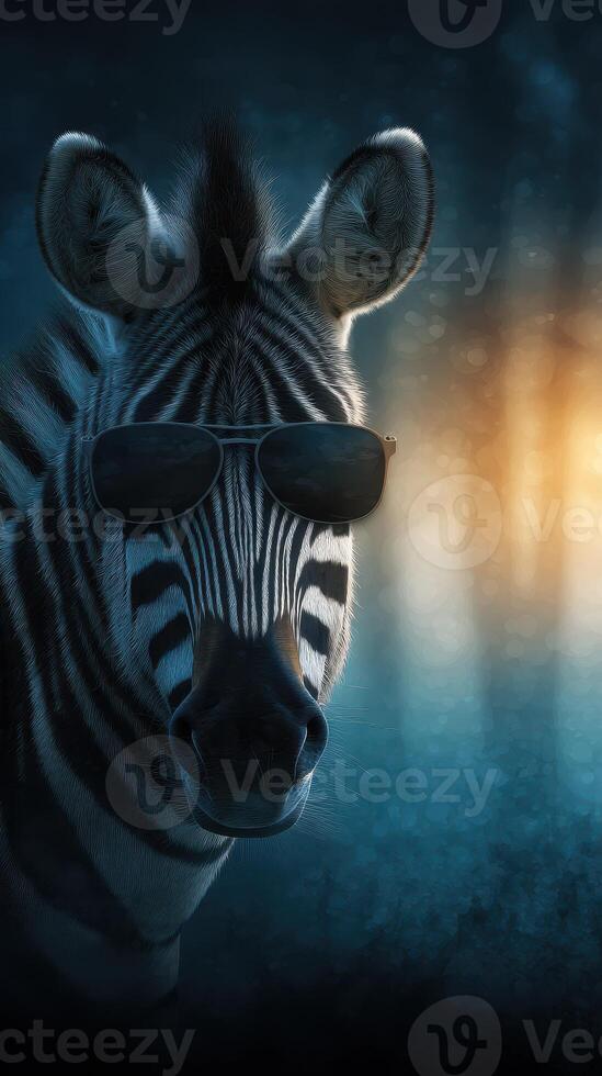 Zebra wearing sunglasses poses in a moody nighttime setting with dramatic lighting effects photo