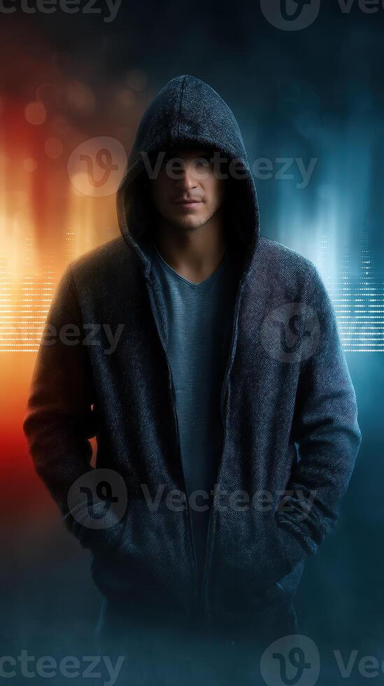 Mysterious figure in a hooded sweatshirt standing against a vibrant backdrop with sound waves at night photo