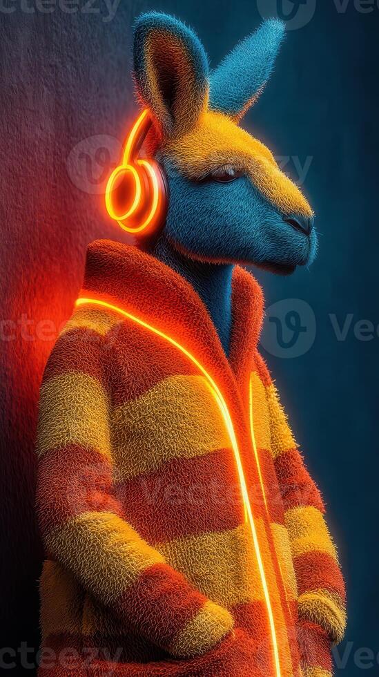 Vibrant kangaroo character wearing headphones and a colorful jacket against a dramatic backdrop photo