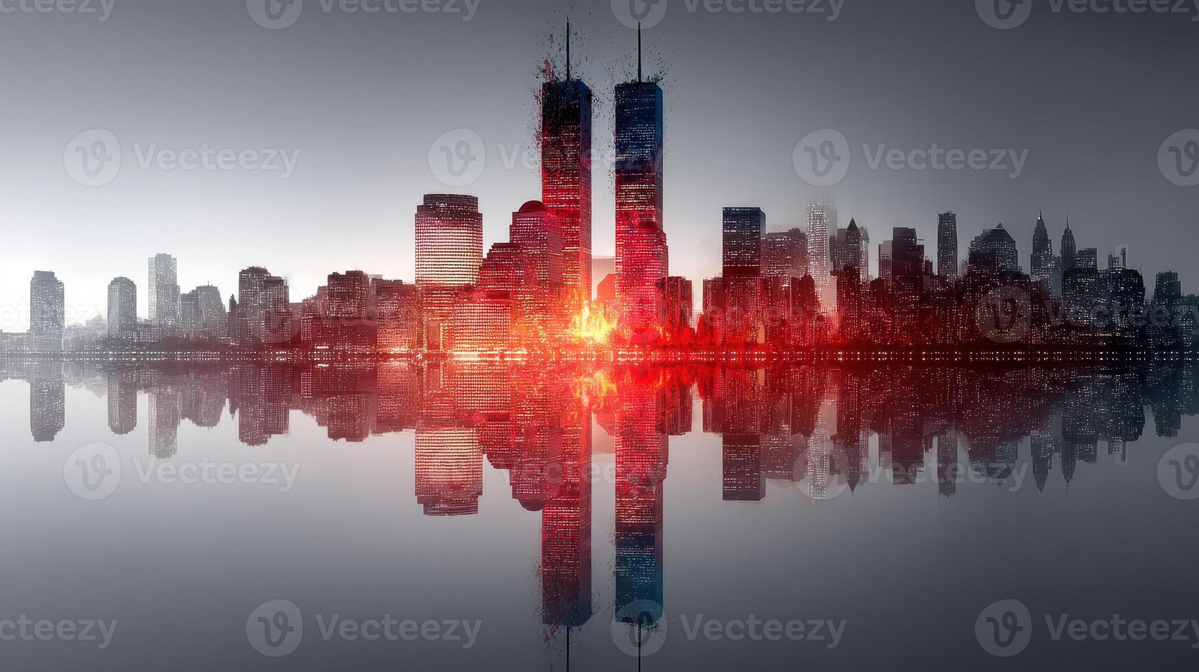 Skyline of New York City with twin towers reflecting in water during twilight photo