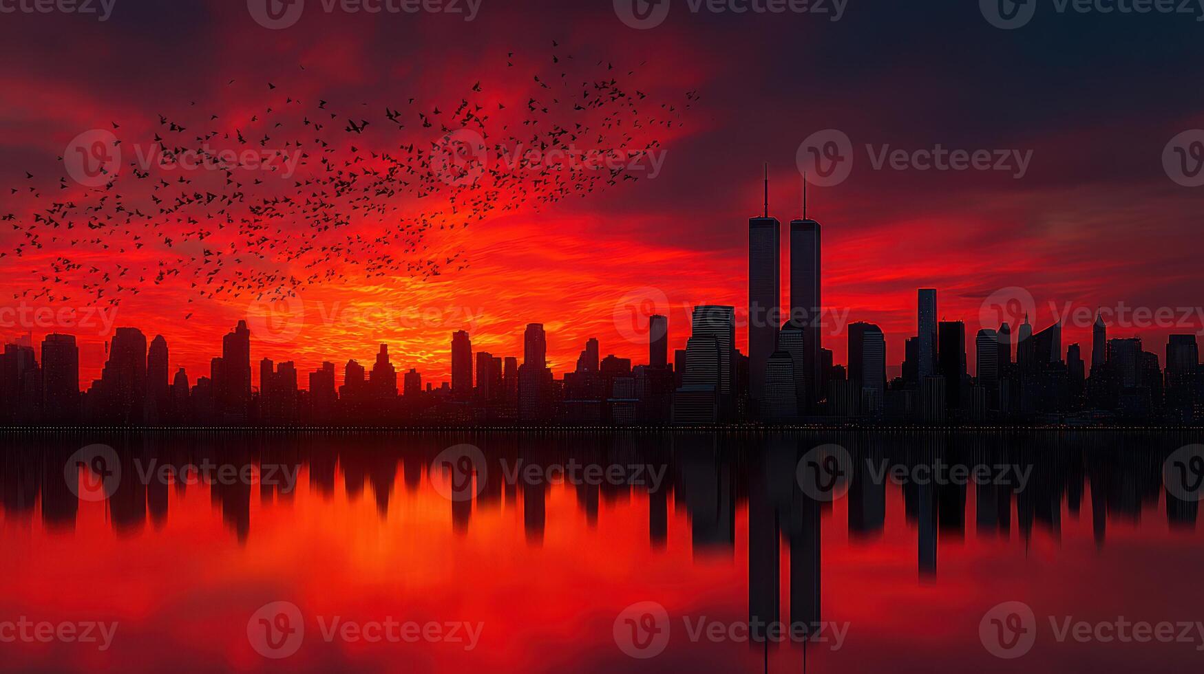 Sunset over the city skyline with a vibrant sky and silhouette of tall buildings photo