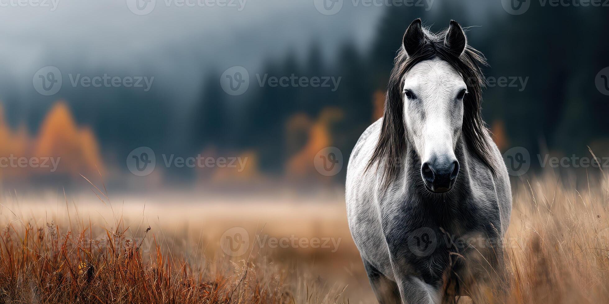 Majestic white horse roaming in a serene autumn landscape with colorful trees and misty mountains photo