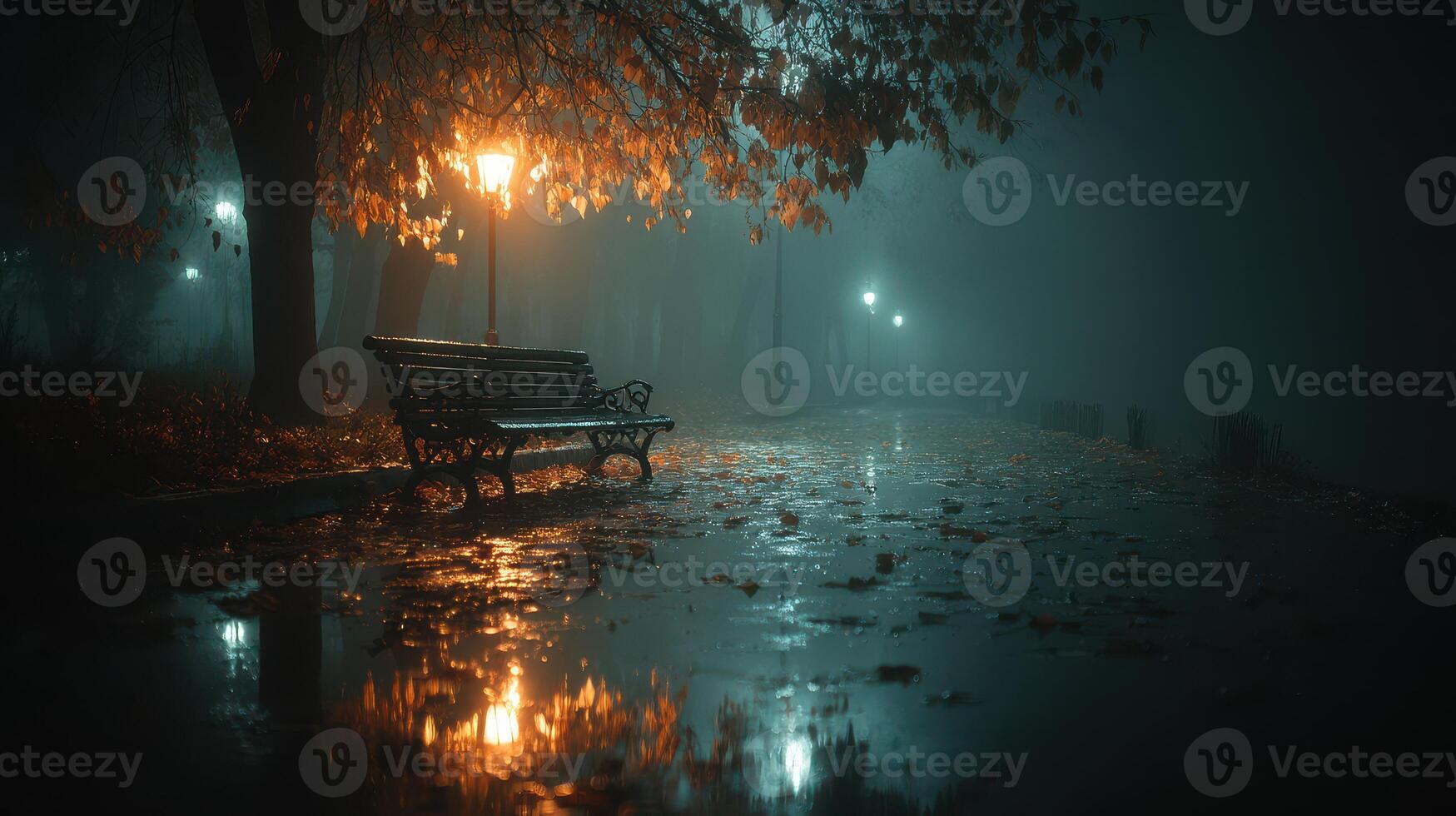 Misty evening in a quiet park with shimmering reflections and a solitary bench under a streetlight photo