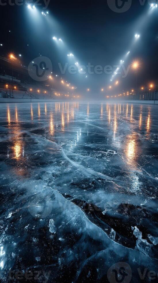 Reflections of icy surface in a dimly lit indoor ice rink during a foggy evening photo