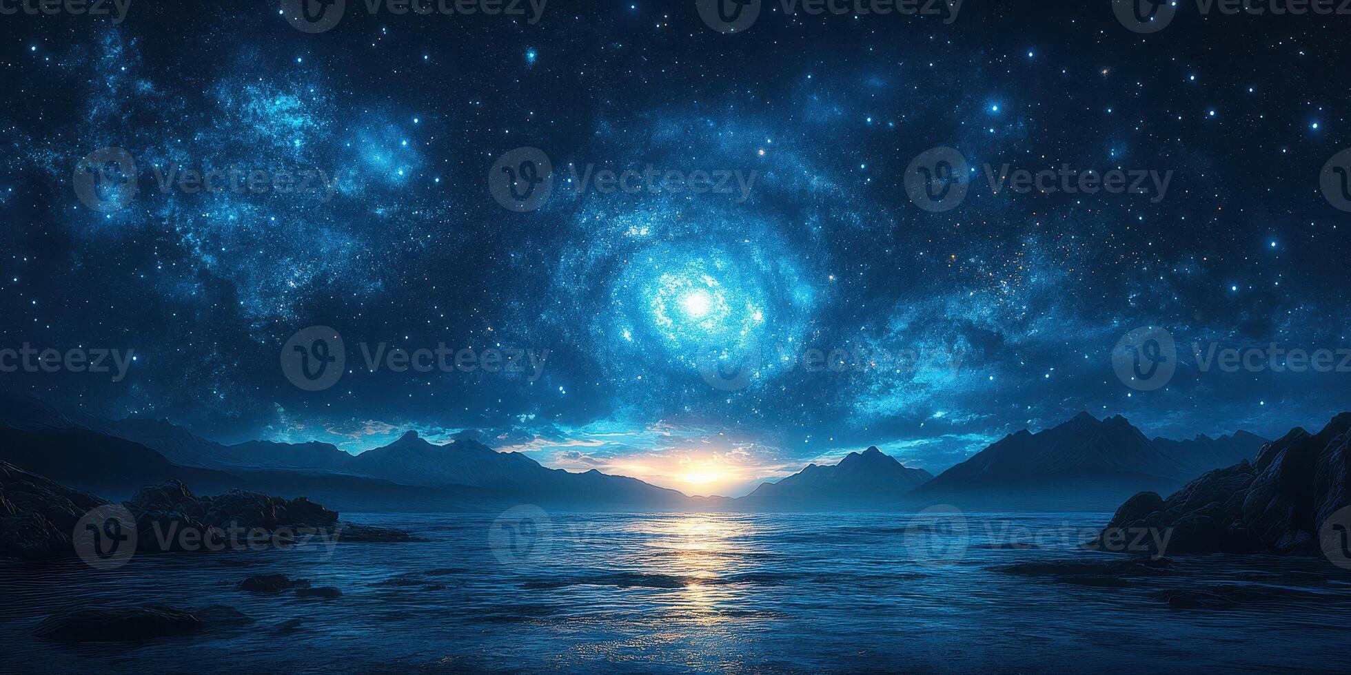 Nighttime coastal view under a starry sky with a glowing galaxy and mountains in the distance photo