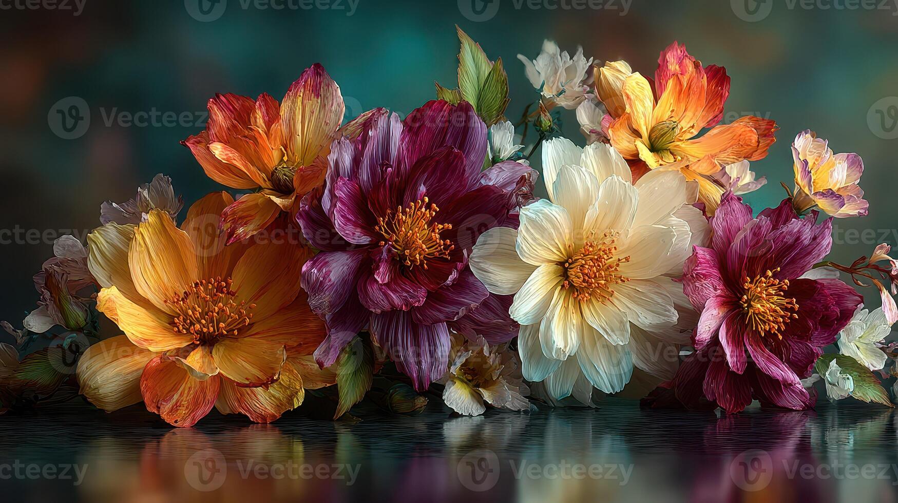 Vibrant flowers arranged artistically on a reflective surface with soft colors and natural elements in the background photo