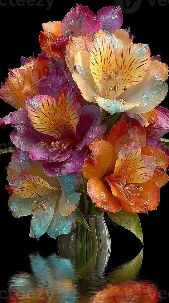 Vibrant bouquet of colorful flowers in glass vase with water droplets reflecting light at home photo