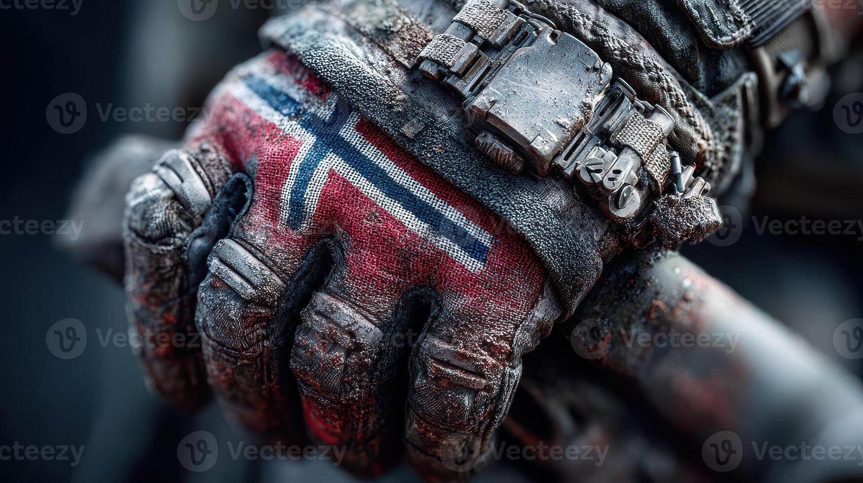 Close-up view of a weathered hand wearing a glove with the Norwegian flag during an outdoor adventure in rugged terrain photo