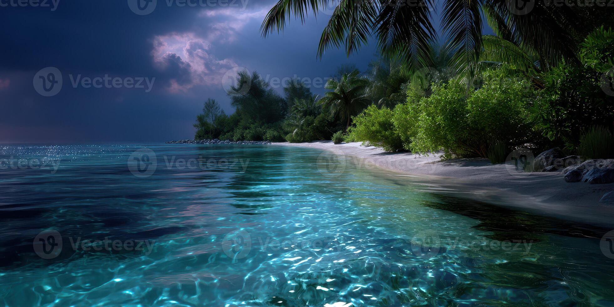Calm tropical beach with turquoise water and dark clouds at dusk near a lush green shoreline photo
