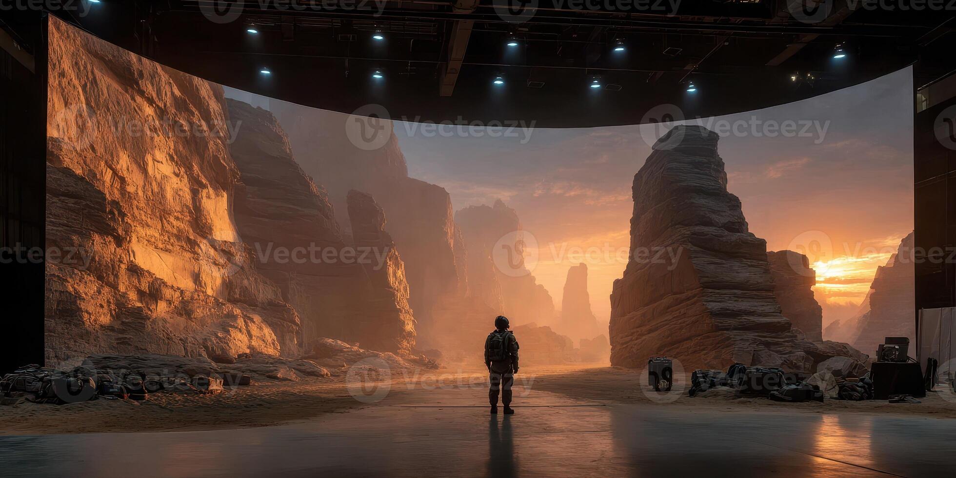 Stunning sunset backdrop in a studio with a lone figure contemplating the cinematic landscape photo