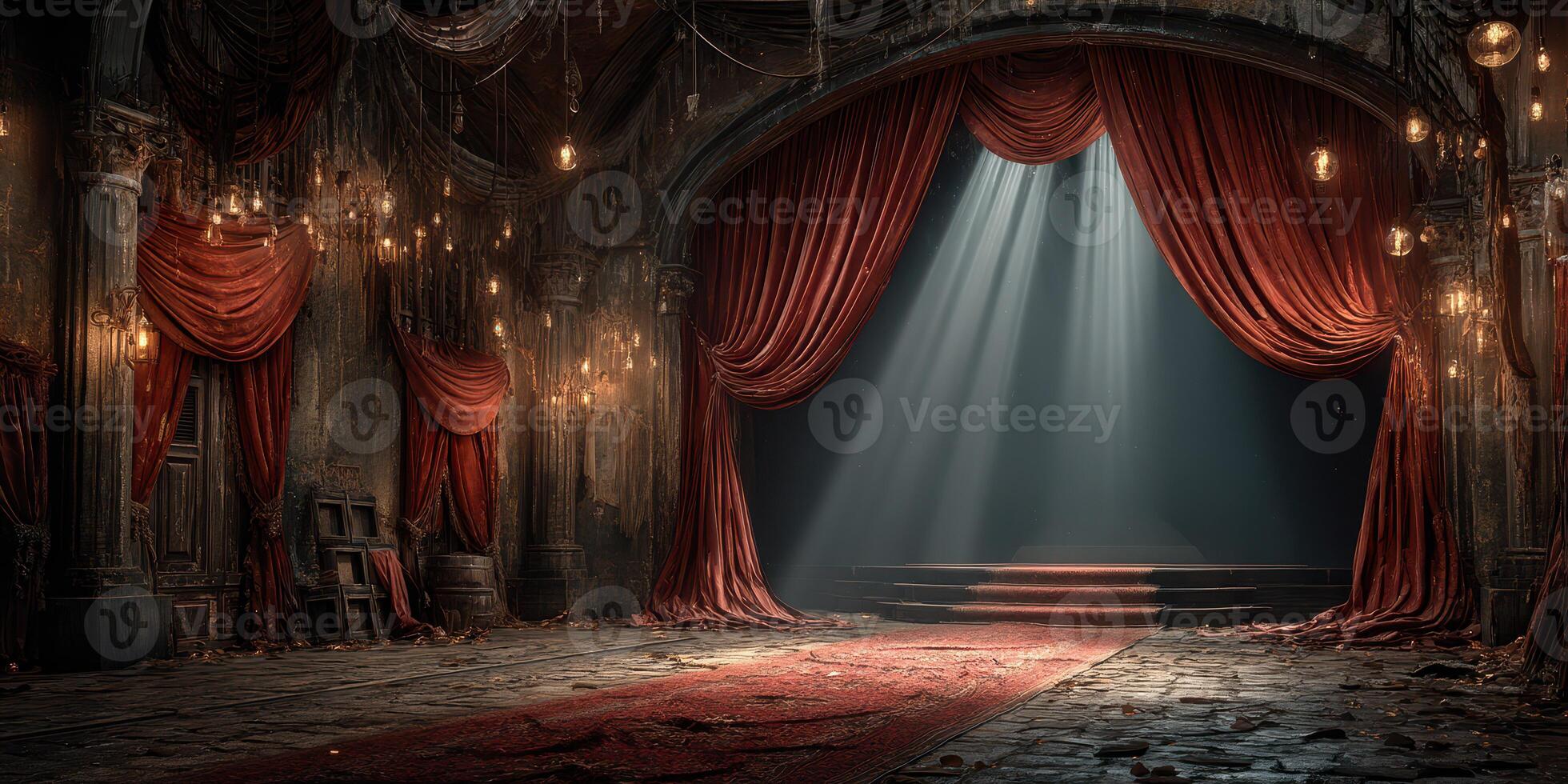 Elegant vintage theater interior with dramatic lighting and rich red curtains in a charming old building photo