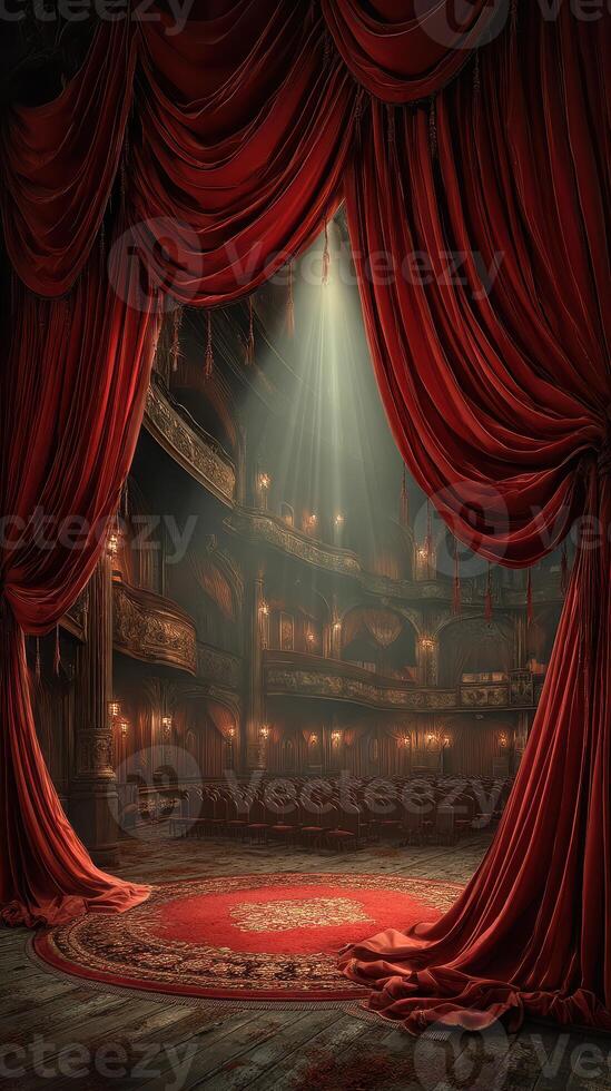 Elegant theater stage with red curtains illuminating an empty auditorium, creating an inviting atmosphere for performances and events photo