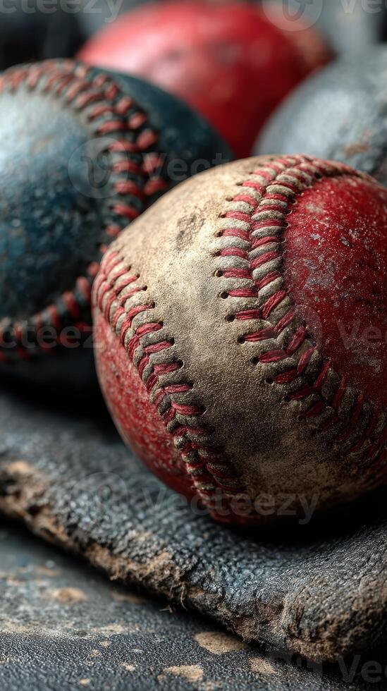 Vintage baseballs resting on a worn cloth with uneven stitching and faded colors in a natural light setting photo