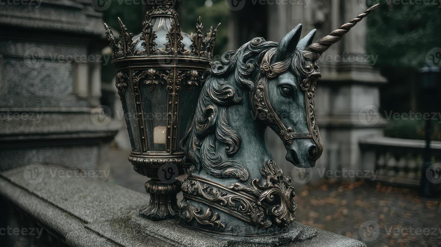 Elegant unicorn sculpture beside a vintage lantern in a historic setting during a cloudy afternoon photo