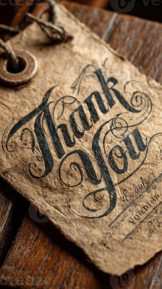 Rustic thank you tag on wooden surface with intricate design and vintage feel photo