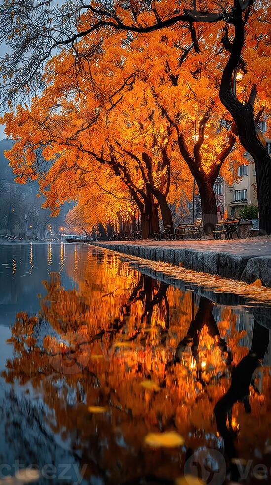 Vibrant autumn trees reflect in serene water creating a picturesque landscape at dawn photo