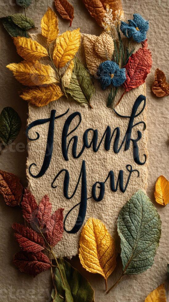 Handcrafted thank you card adorned with colorful dried leaves and flowers on a textured background photo