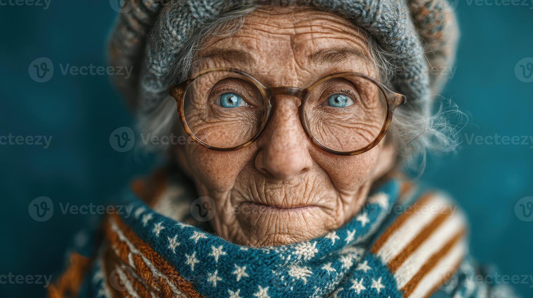 Elderly woman with striking blue eyes wearing winter accessories and a patterned scarf against a blue background photo
