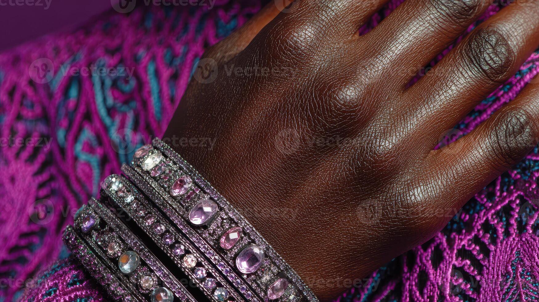 Elegant hand adorned with multiple intricate bracelets showcasing purple gemstones against a vibrant textile background photo