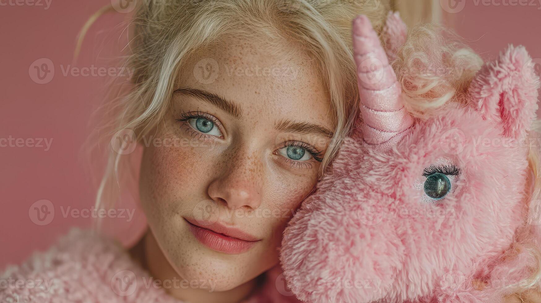 Young girl smiles while posing with a plush unicorn toy against a soft pink background during a cozy indoor setting photo