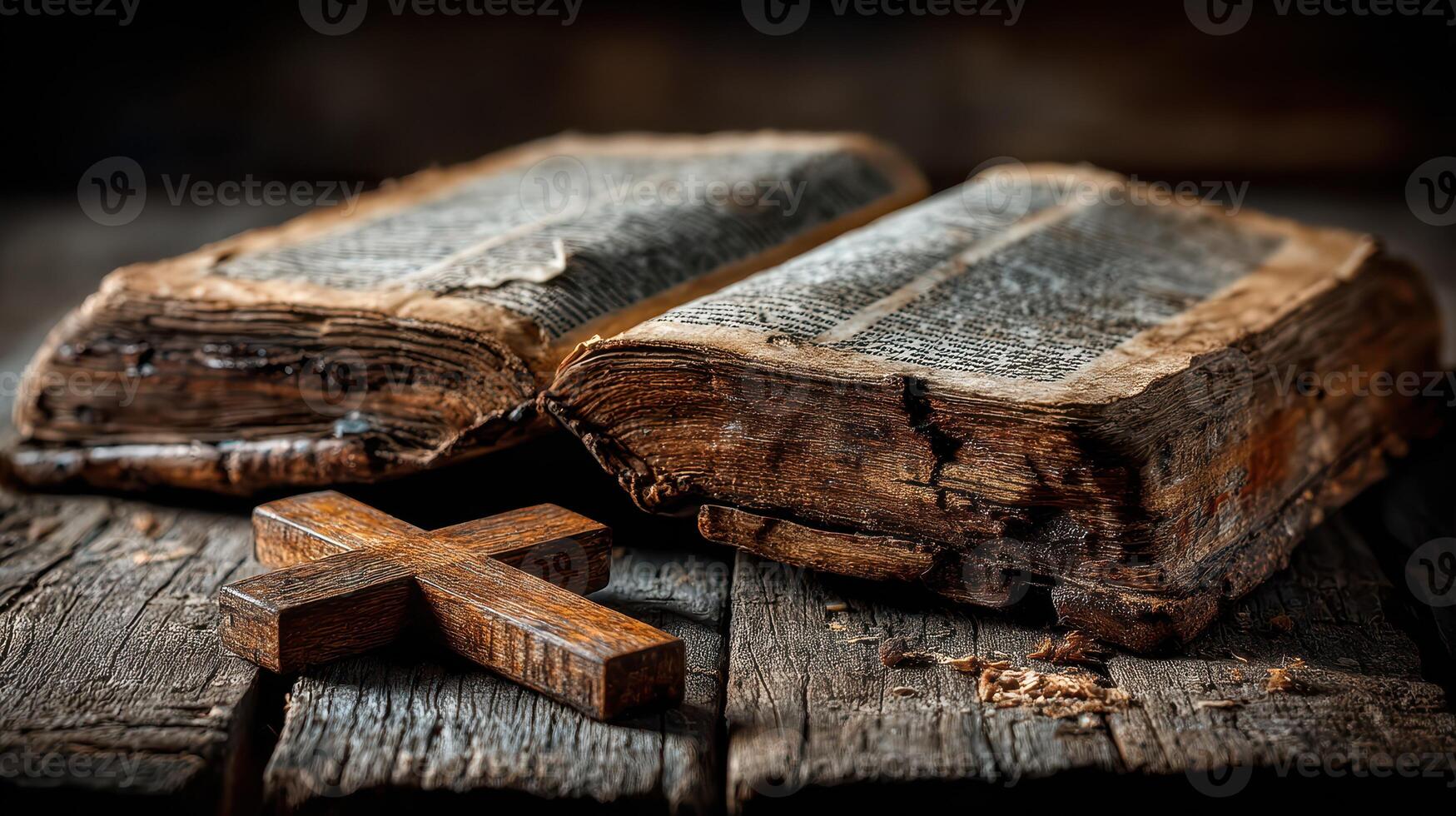 Ancient open book with worn pages next to a wooden cross on a rustic table photo
