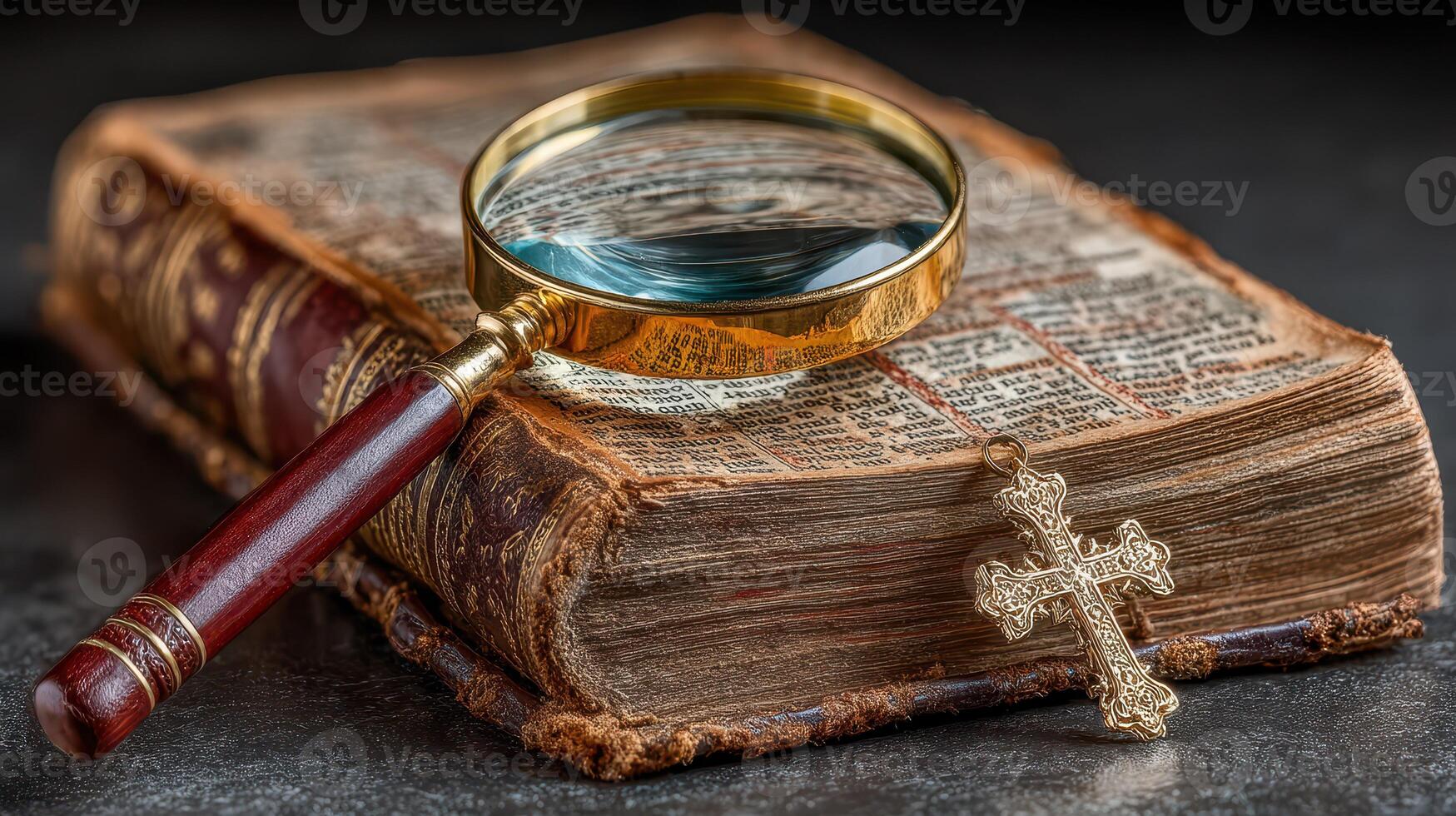 Magnifying glass rests on an open vintage book alongside an ornate cross in a dimly lit setting photo