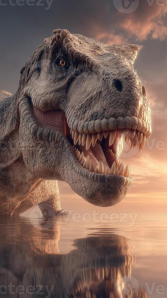 Dinosaur emerges from the water at sunset while showcasing its fierce expression and powerful stature photo