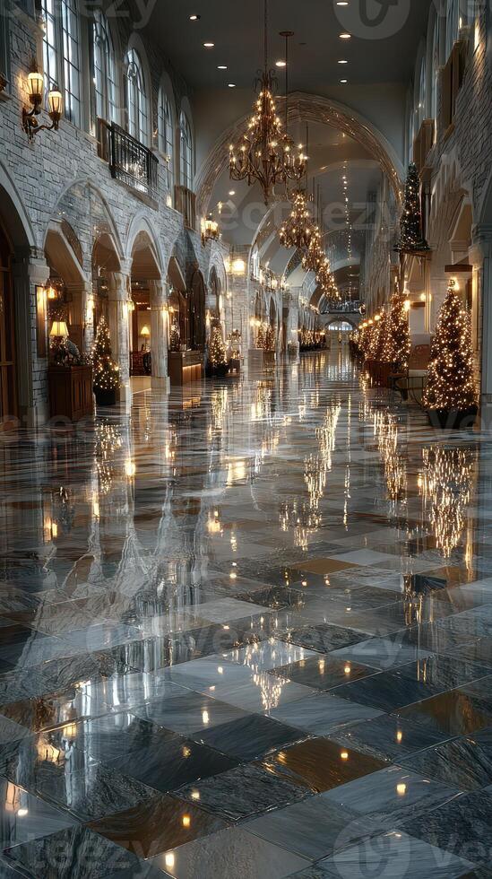 Elegant hallway with marble floors and holiday decorations in a grand lobby at dusk photo