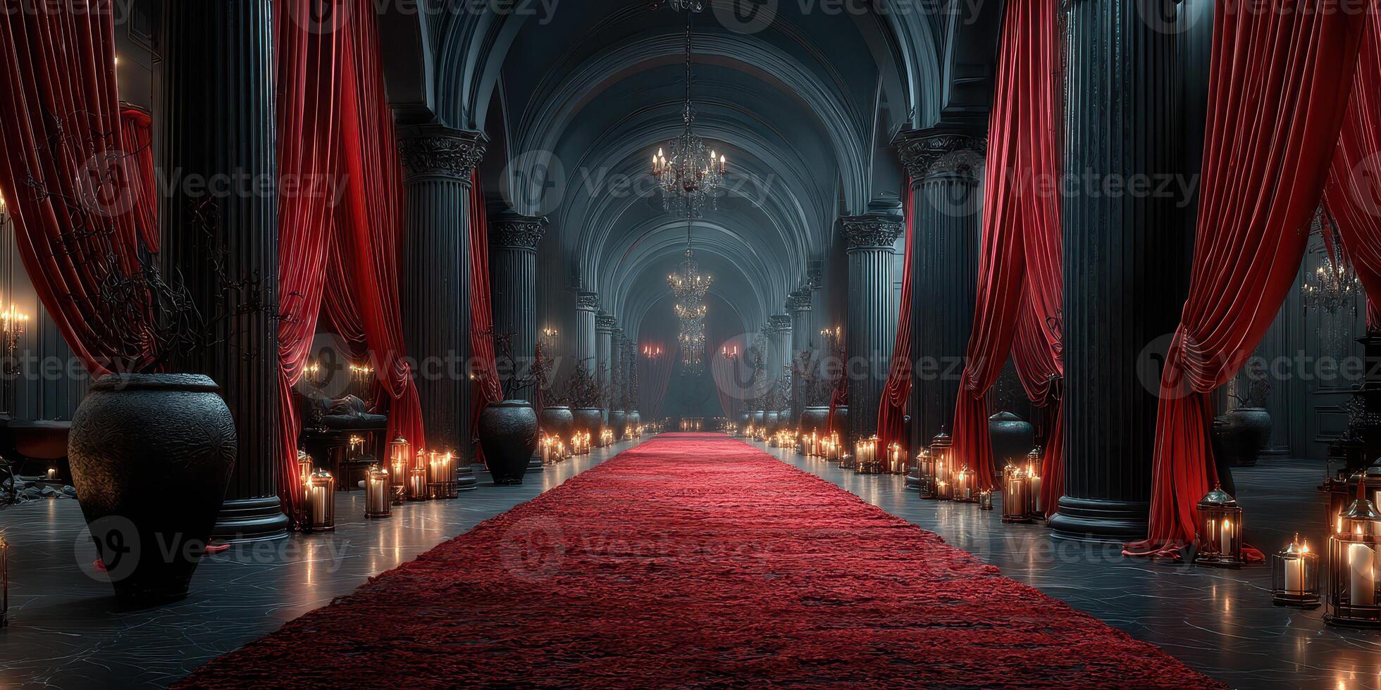 Dramatic interior of a gothic hall with elaborate decorations, carpets, candles, and rich fabrics creating a mysterious atmosphere photo