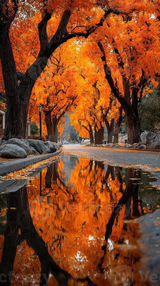 Vibrant autumn colors reflect in a puddle on a quiet street lined with trees photo
