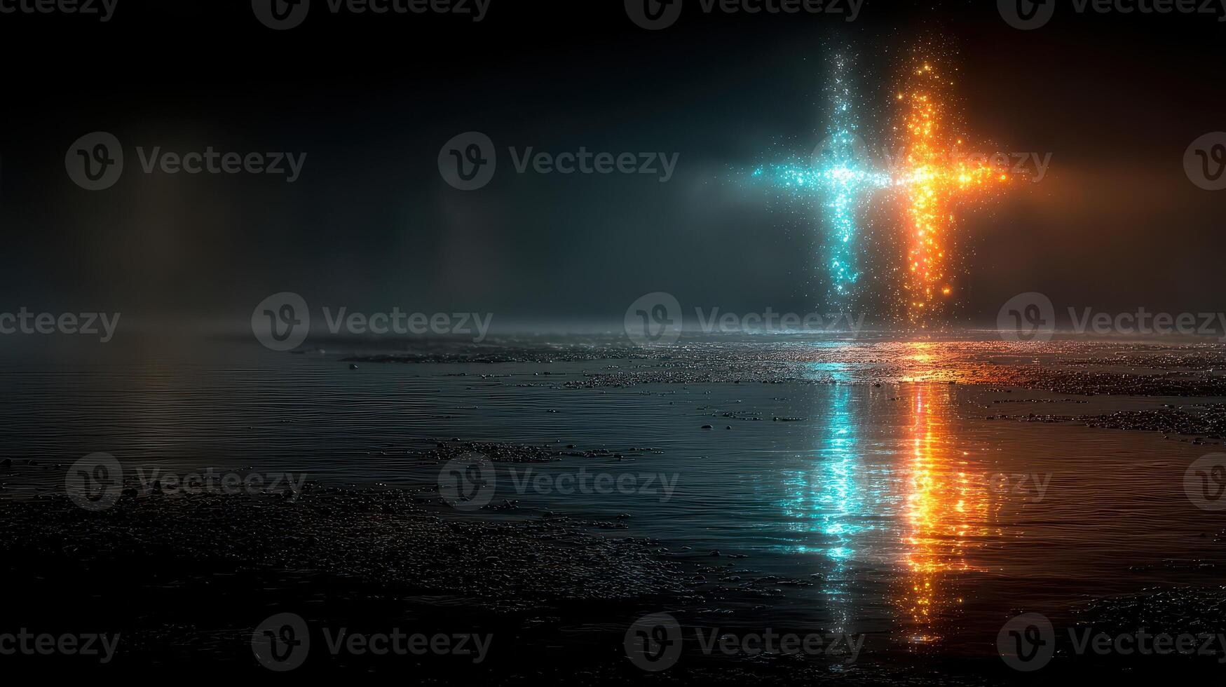 Colorful glowing symbols reflect in calm water at night in a serene environment photo