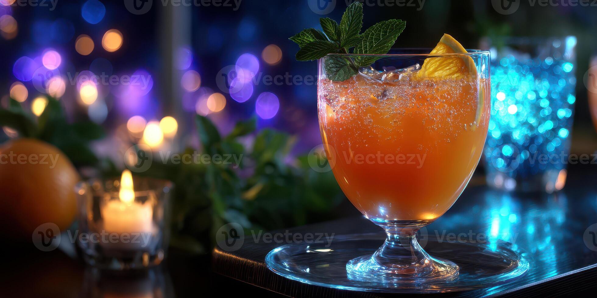 Refreshing cocktail served with mint and orange garnishes in a vibrant, illuminated setting at a nightlife venue photo