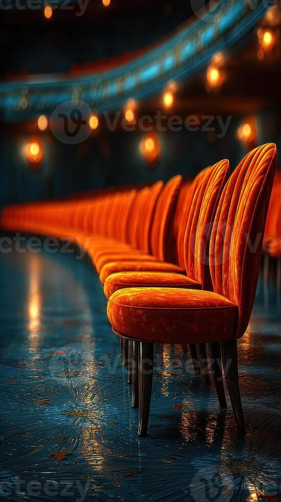 Chairs arranged in a theater create a warm ambiance as soft lighting highlights their vibrant color and elegant design photo