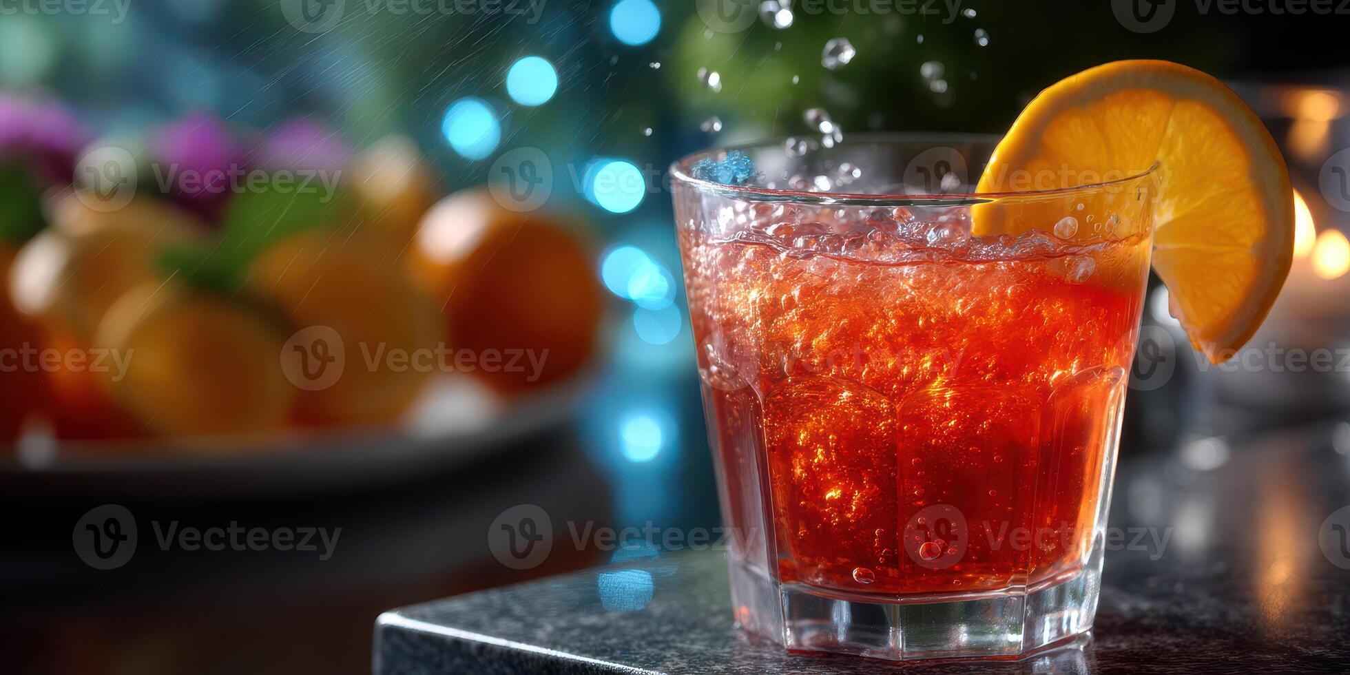 Refreshing cocktail with orange slice and bubbles served at an evening gathering with colorful fruit background photo