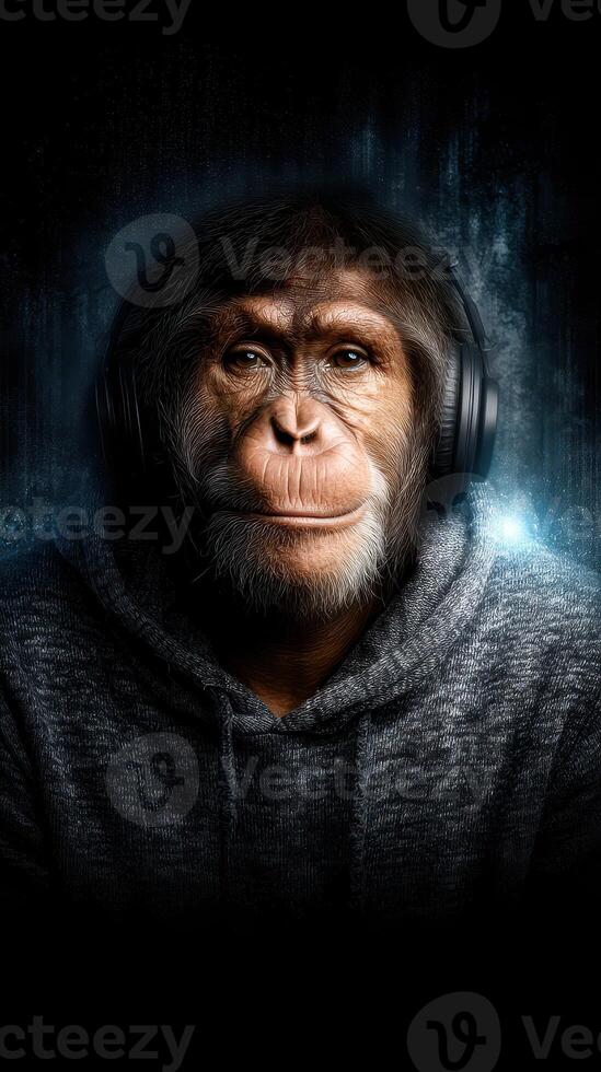 Monkey wearing headphones in a dark environment with a blue glow, showing curiosity and engagement in music photo