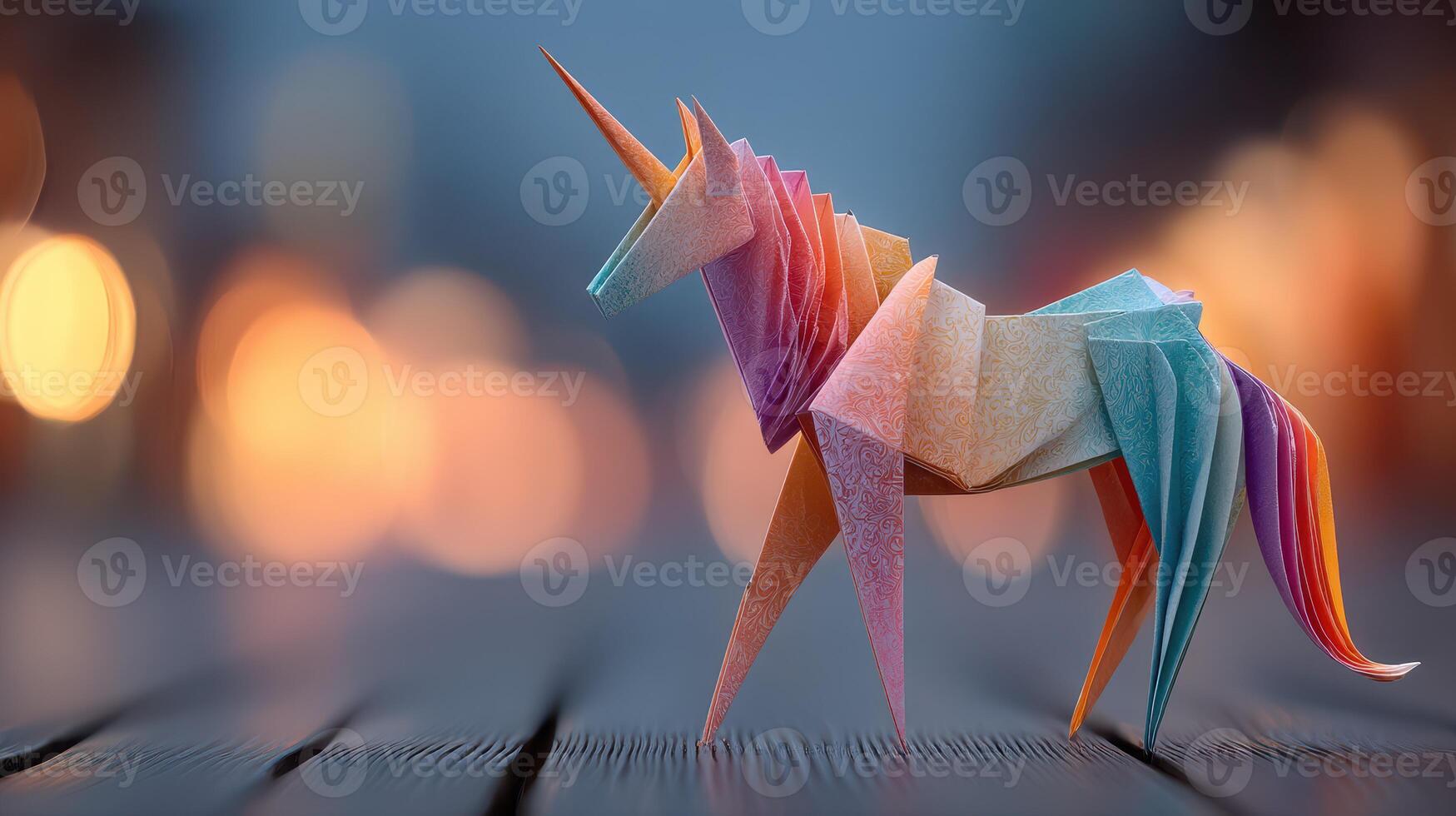 Colorful origami unicorn displayed on a wooden surface with blurred lights in the background during twilight photo