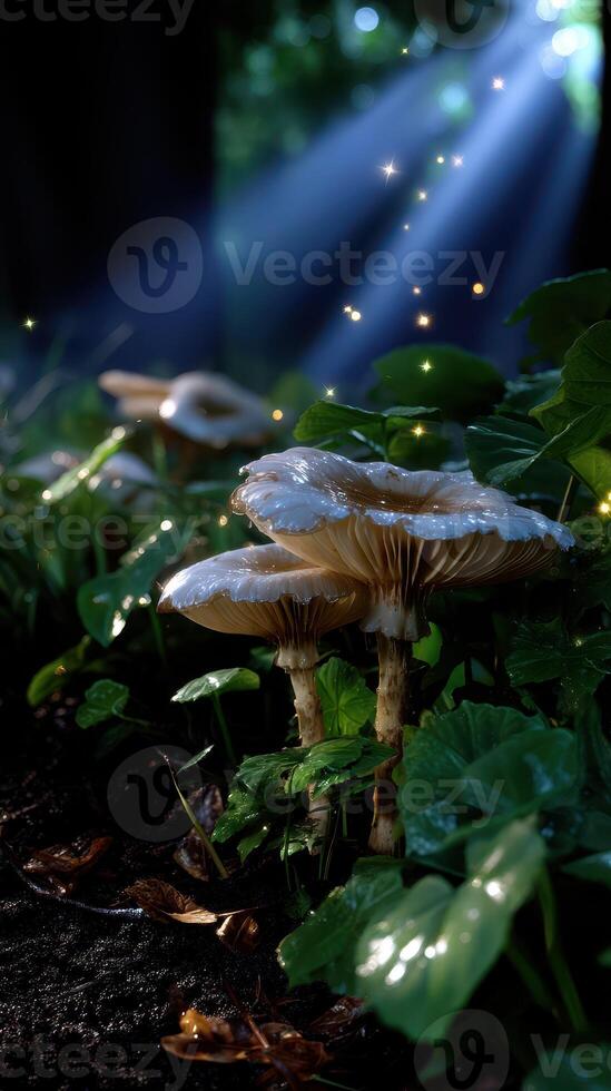 Mushrooms surrounded by greenery and glowing particles in a lush forest during twilight photo