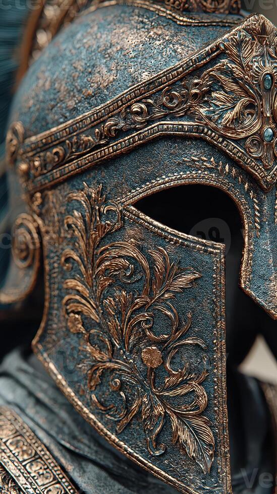 Detailed close-up of an ornate ancient warrior helmet highlighting intricate designs and craftsmanship photo
